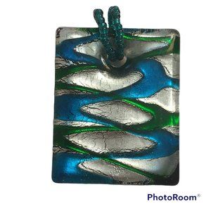 ART GLASS PENDANT, Blue Green Silver, Seed Bead Bale